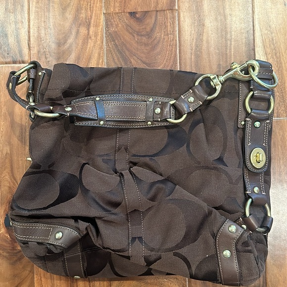 Coach Carly Brown Canvas Leather Trim Turnlock Zipper Closure Hobo Shoulder Bag - Picture 9 of 15